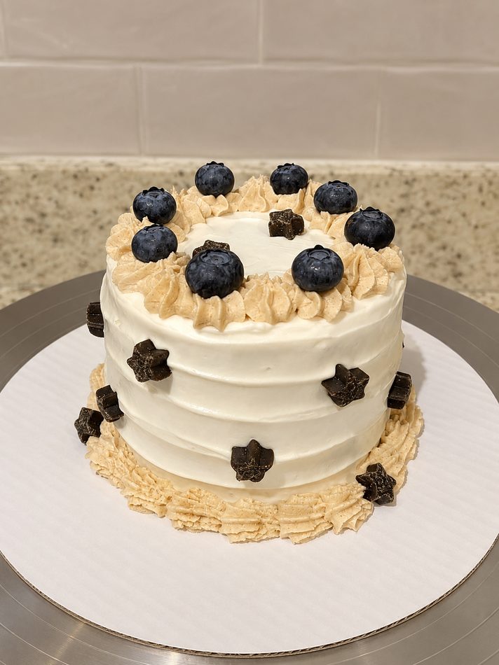 Pup cake topped with blueberries and star dog treats