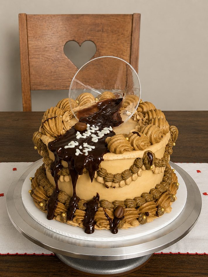 Mocha cake with chocolate drip and coffee beans