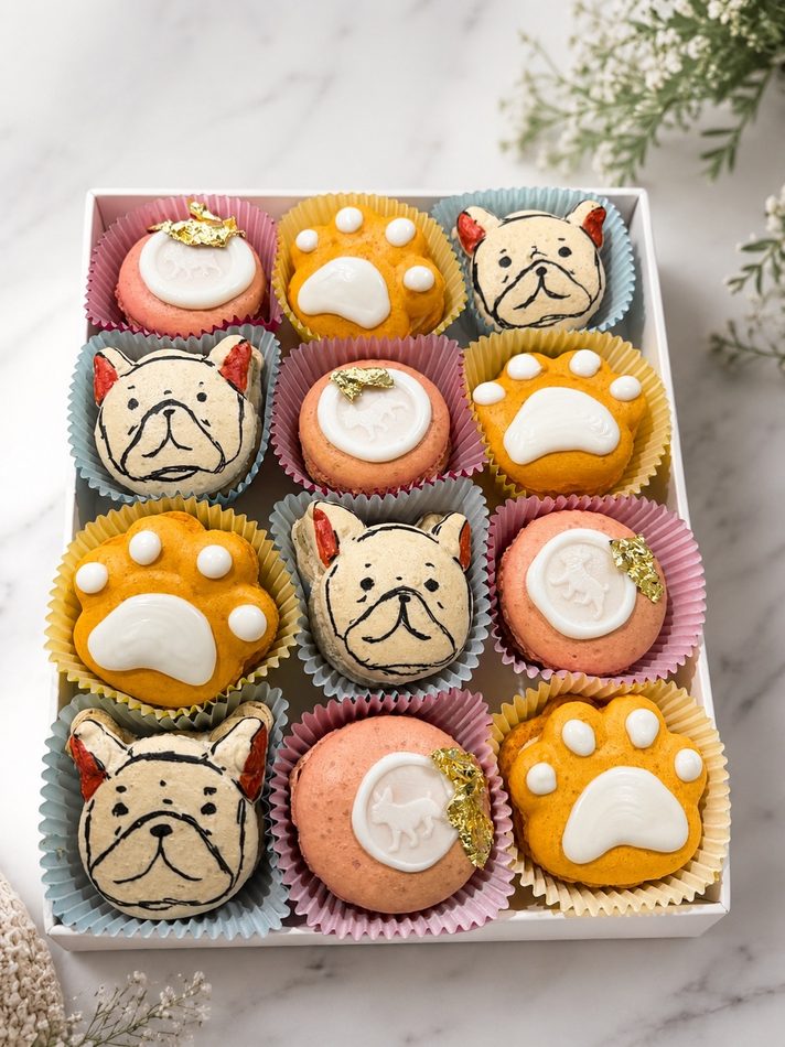 Puppy face and paw-print macarons with monogram seals