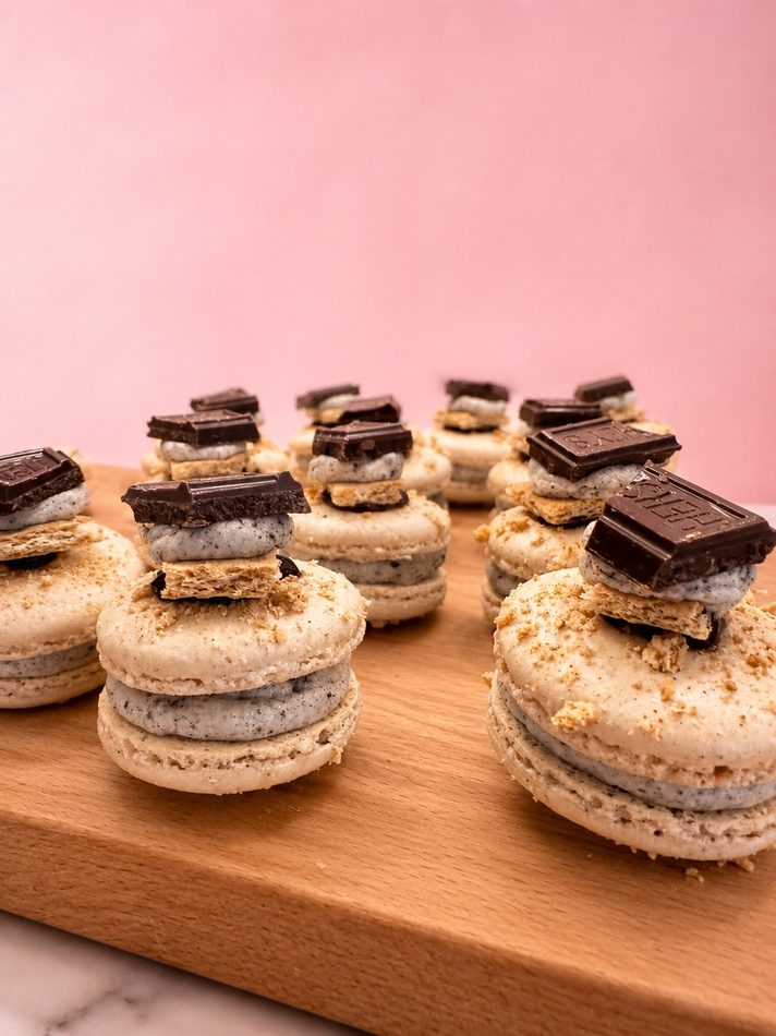 Stacked s'mores macarons with chocolate and graham